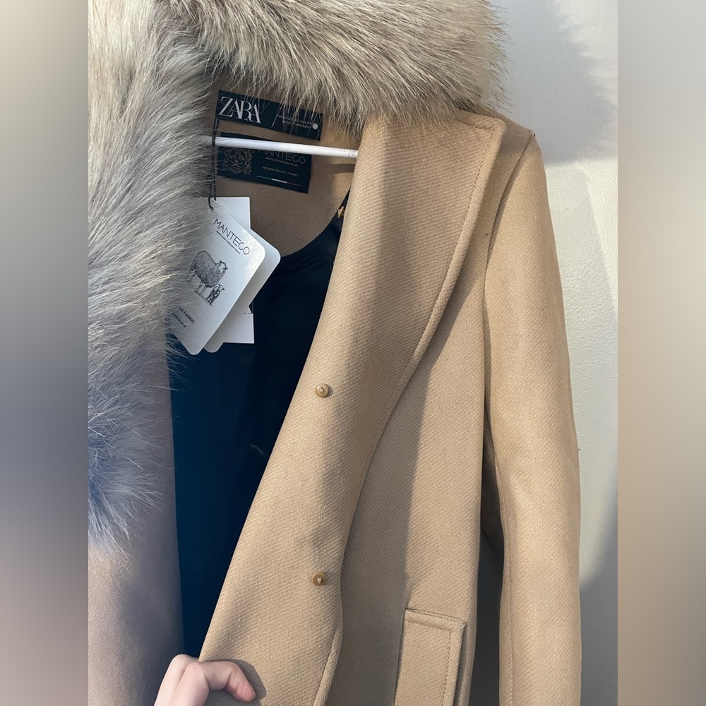 Zara coat wool blend 75% long camel belted rope trench fur collar Manteco - Picture 12 of 15